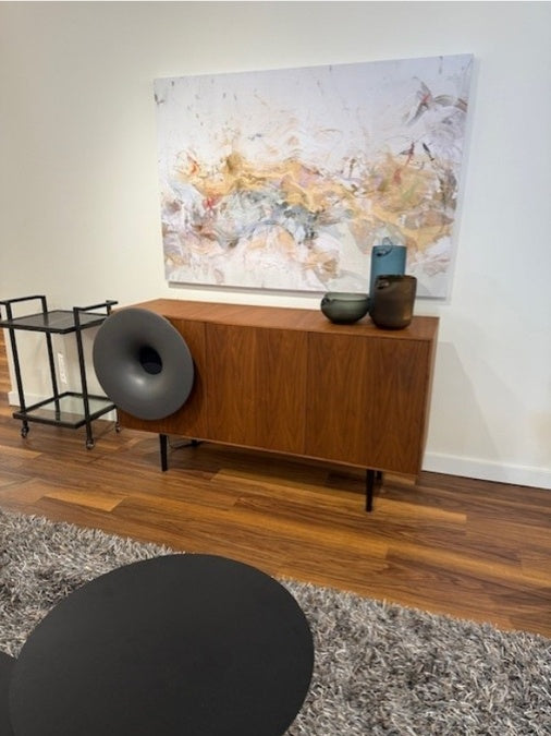 Caruso Bluetooth Media Cabinet by MiniForms is featured in Walnut with an anthracite ceramic trumpet cone speaker.