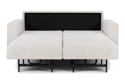 Beige  sectional sofa bed pulled out to full size showing white mattress.  