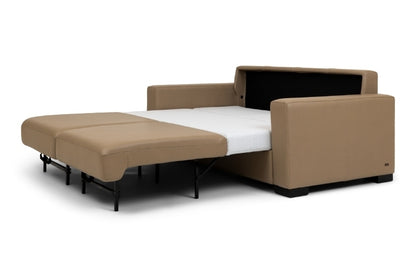 Brown sectional sofa bed pulled out to full size showing white mattress. 