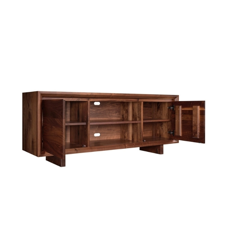 Rustic Walnut Media Console angle open cabinets showcasing shelving