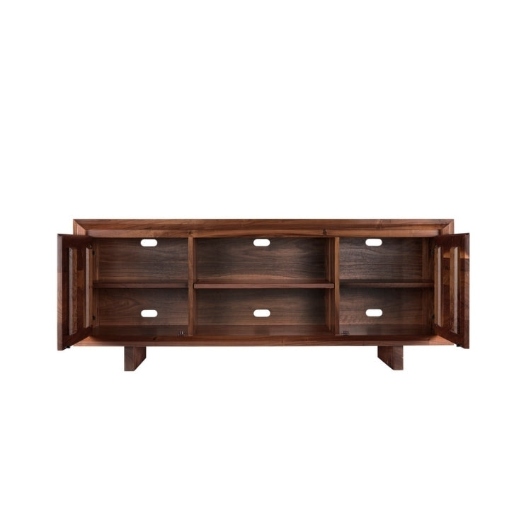 Rustic Walnut Media Console open cabinets showcasing shelves