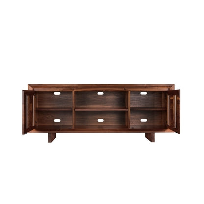 Rustic Walnut Media Console open cabinets showcasing shelves