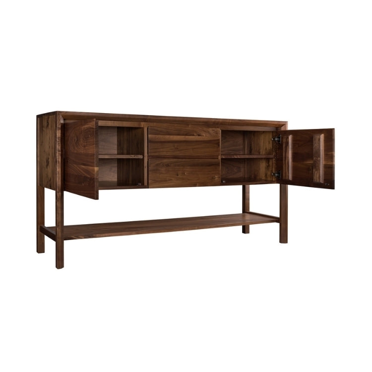 Rustic Walnut Sideboard angle with open cabinets showcasing shelving