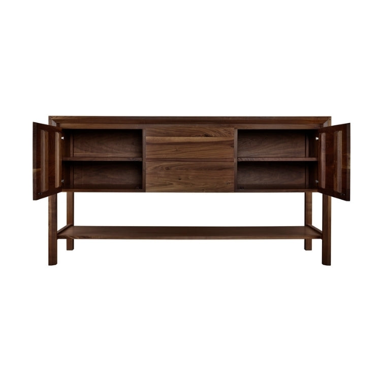Rustic Walnut Sideboard with open cabinets showcasing shelving