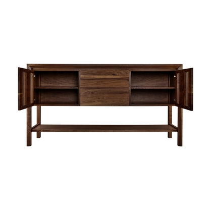 Rustic Walnut Sideboard with open cabinets showcasing shelving