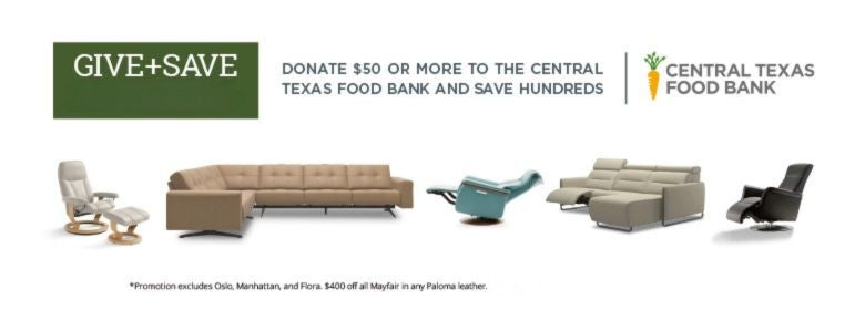 Advertisement for Central Texas Food Bank with furniture and 'Give + Save' text.