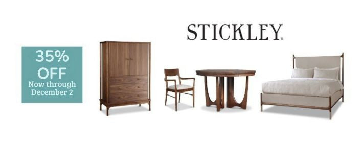 Stickley furniture pieces including a dresser, chair, table, and bed with a discount banner on a white background. 35% off flash sale