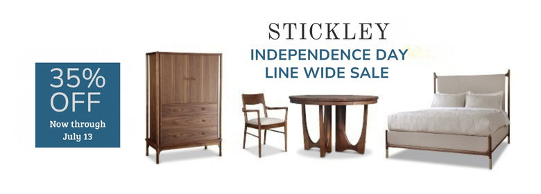 Stickley furniture sale advertisement with bedroom set, table, and chair.