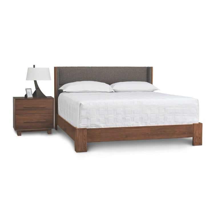 Sloane Bed with Legs in walnut and Grade B Slate fabric upholstery with 2 drawer nightstand