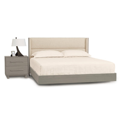 Sloane Floating Bed in weathered oak and Grade B Hemp fabric upholstery with 2 drawer nightstand