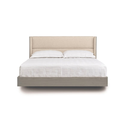 Sloane Floating Bed in weathered oak and Grade B Hemp fabric upholstery front view