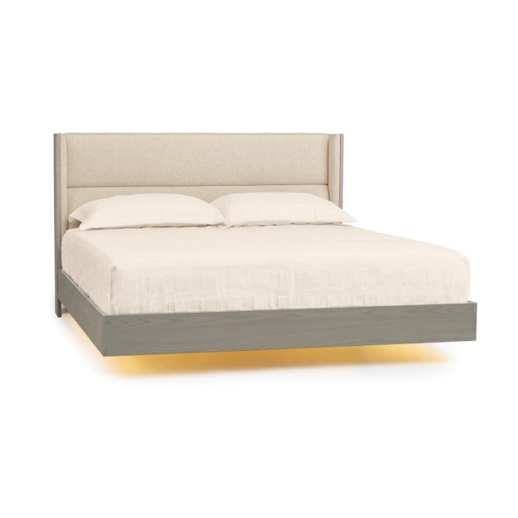 Sloane Floating Bed in weathered oak and Grade B Hemp fabric upholstery with optional under bed lighting