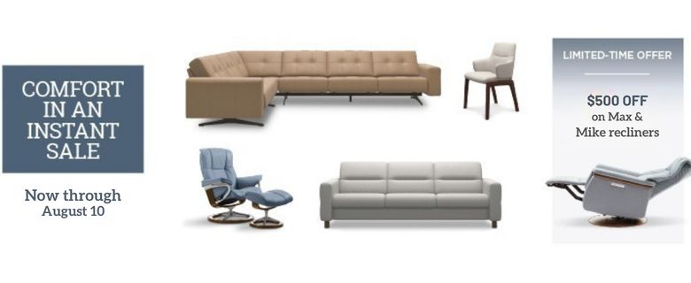 Stressless Furniture sale advertisement with various recliners and a sofa on a white background.