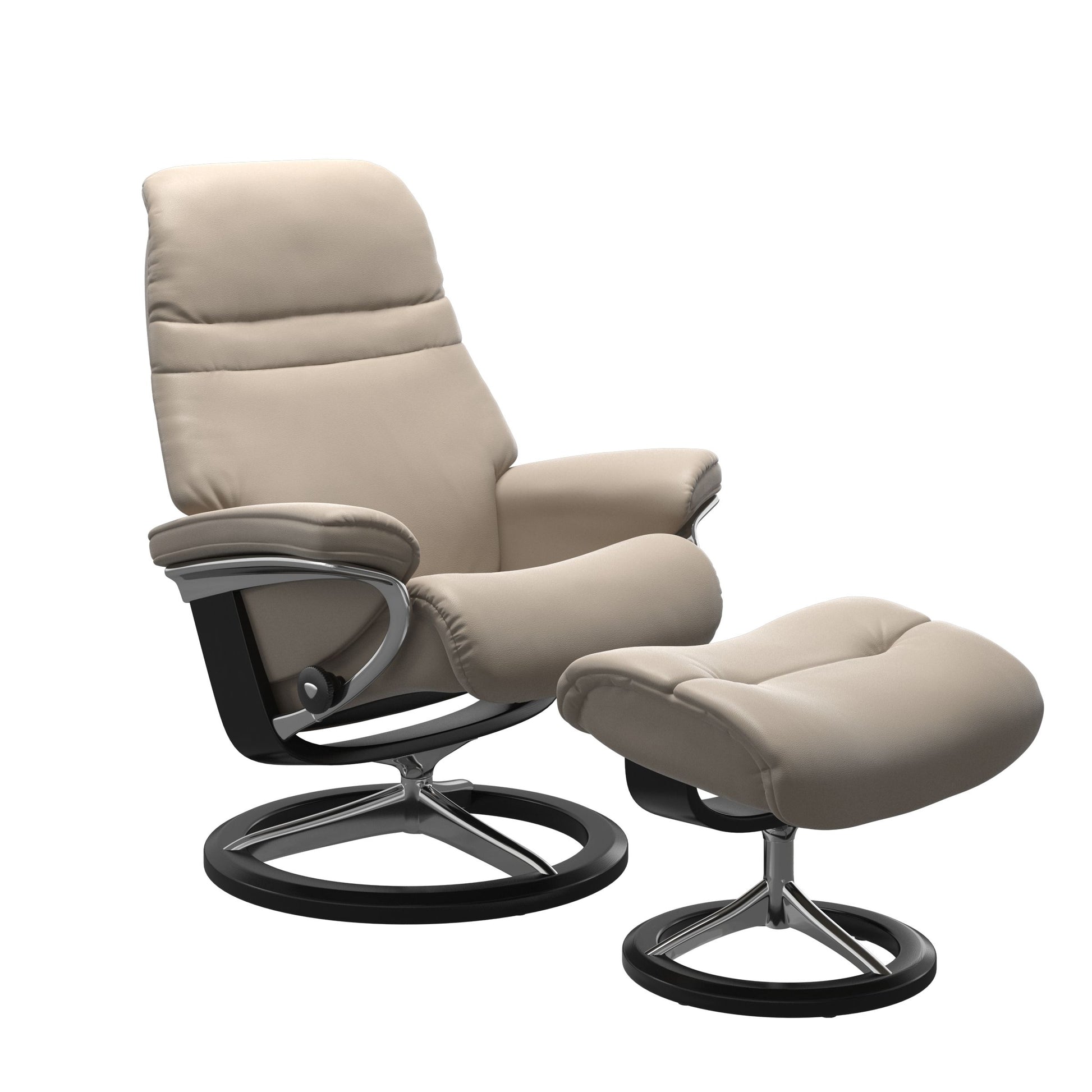 Mushroom colored sunrise recliner with matching ottoman featuring a curved base in metal and black