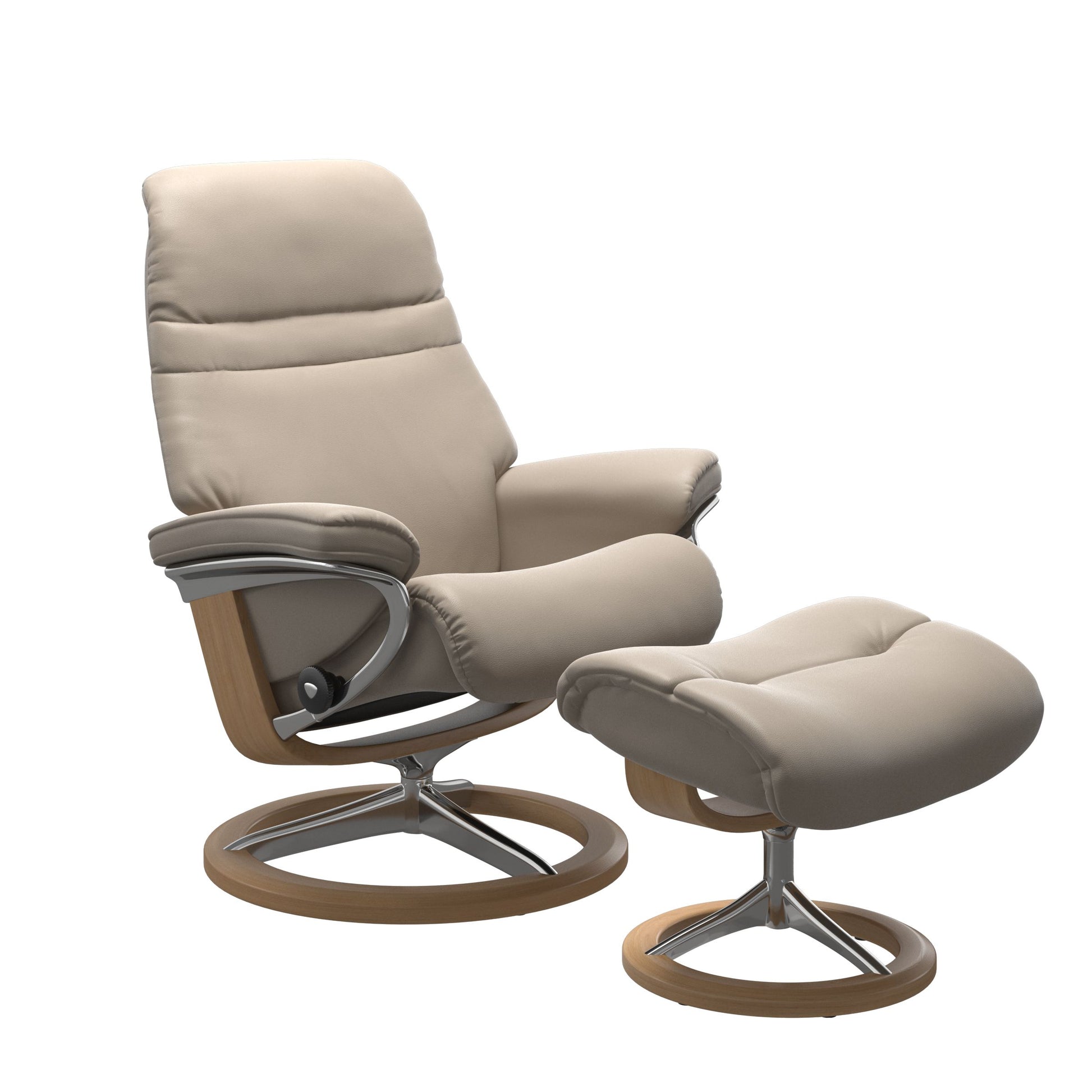 Mushroom colored sunrise recliner with matching ottoman featuring a curved base in metal and oak