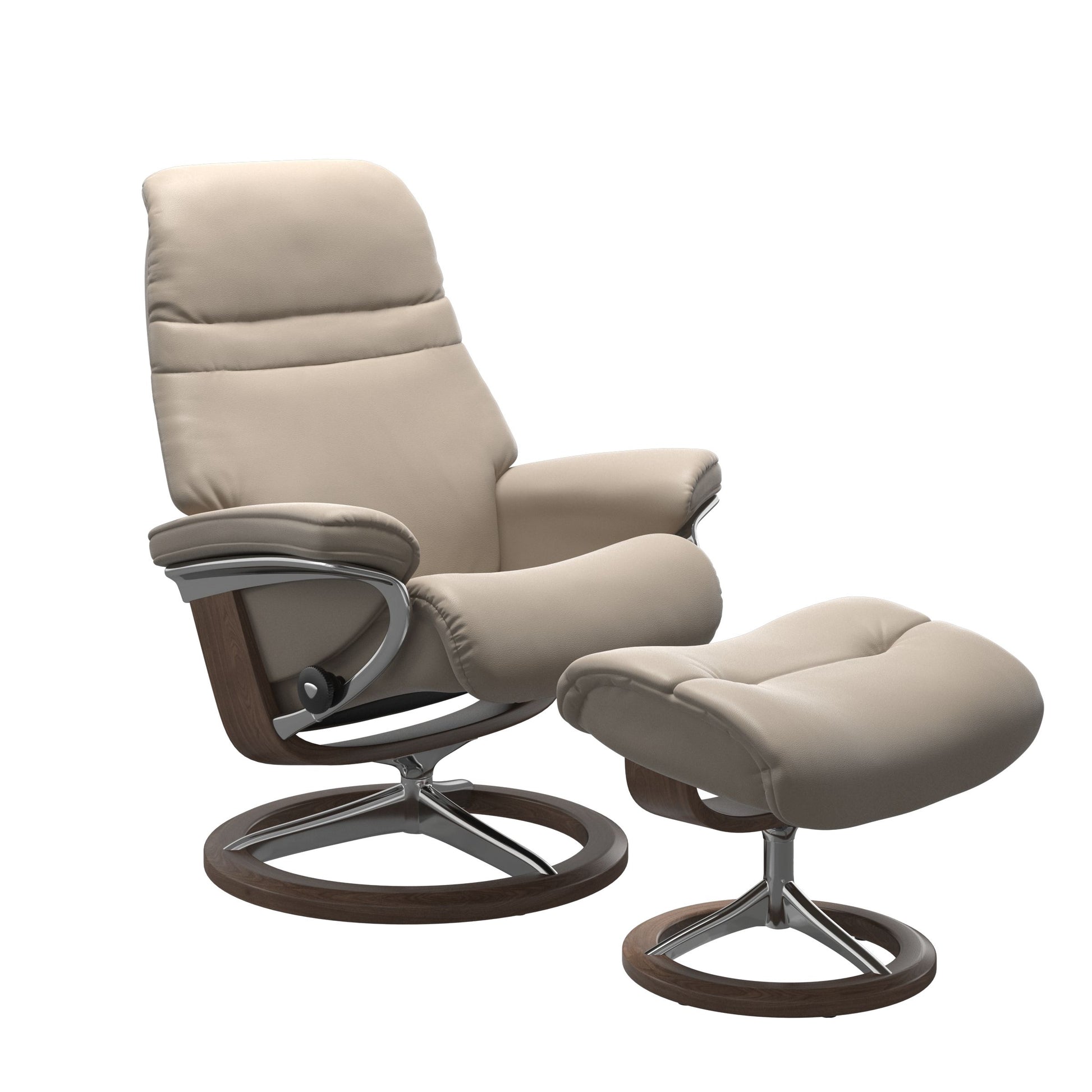 Mushroom colored sunrise recliner with matching ottoman featuring a curved base in metal and walnut