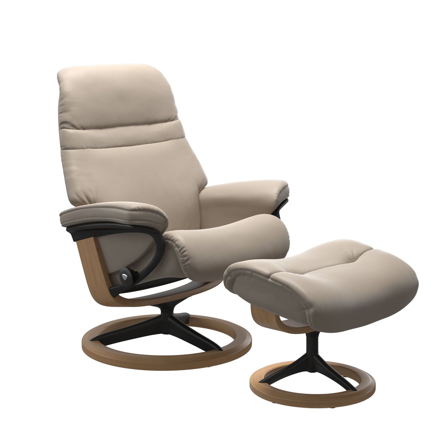 Mushroom colored sunrise recliner with matching ottoman featuring a curved base in metal and oak
