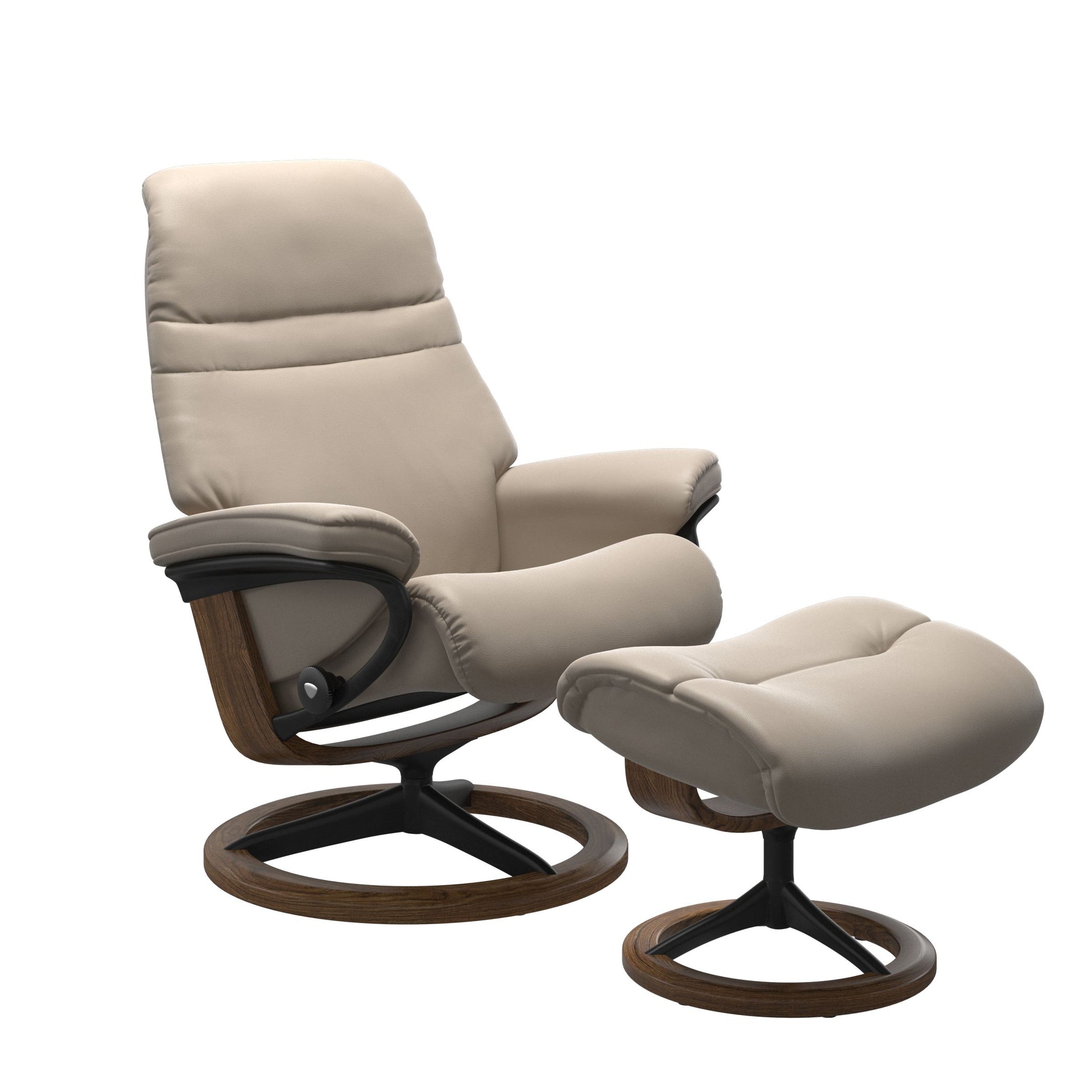 Mushroom colored sunrise recliner with matching ottoman featuring a curved base in metal and teak