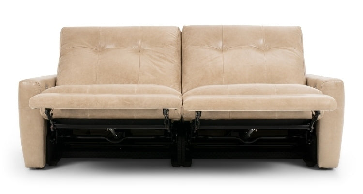 Beige 2 seat sofa in the recline position 