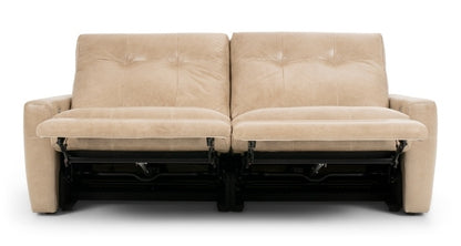 Beige 2 seat sofa in the recline position 