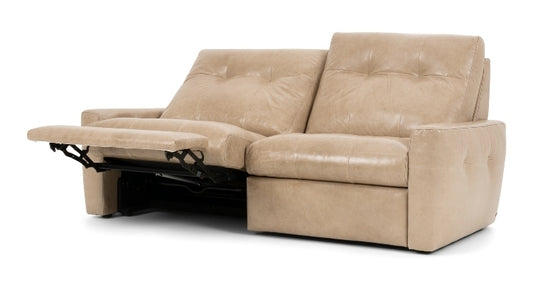Beige recliner sofa with 1  seat in the recline position 