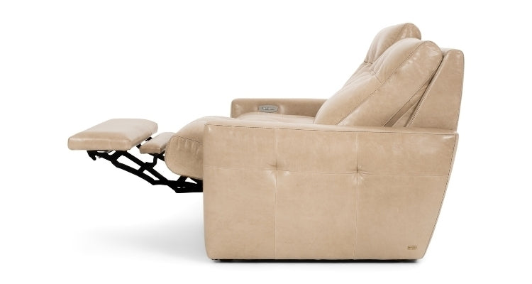 Side view of Beige recliner sofa with 1 seat in the recline position 