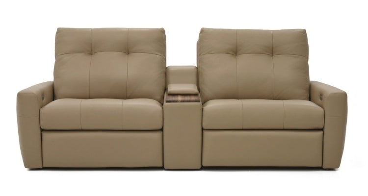 Beige reclining sofa with cup holders  2 theater seats 