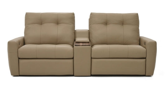 Beige reclining sofa with cup holders  2 theater seats 