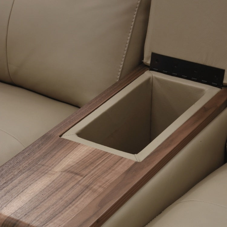 Section of a beige sofa with a wooden tray attached and has hidden storage in armrest 