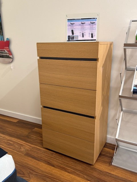 Oak colored wooden 5 drawer chest 