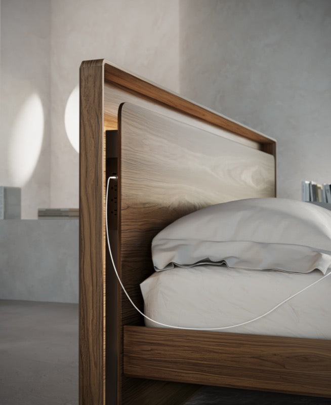 Up-Linq Bed with close up of power and charging in headboard