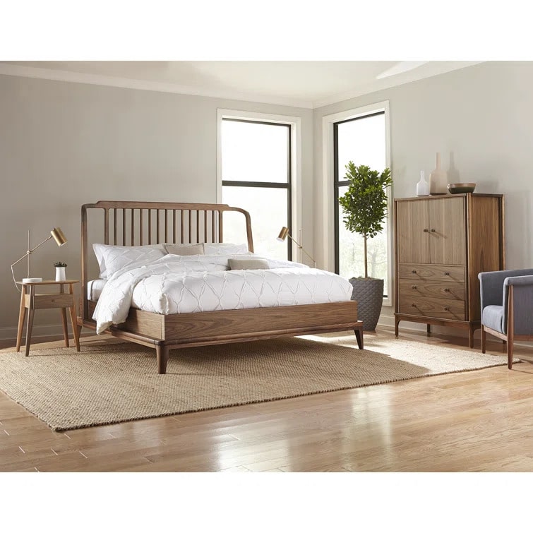 Walnut Grove Gentleman's Chest in decorated bedroom with bed, nightstand, chair, and rug
