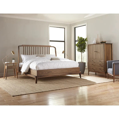 Walnut Grove Gentleman's Chest in decorated bedroom with bed, nightstand, chair, and rug