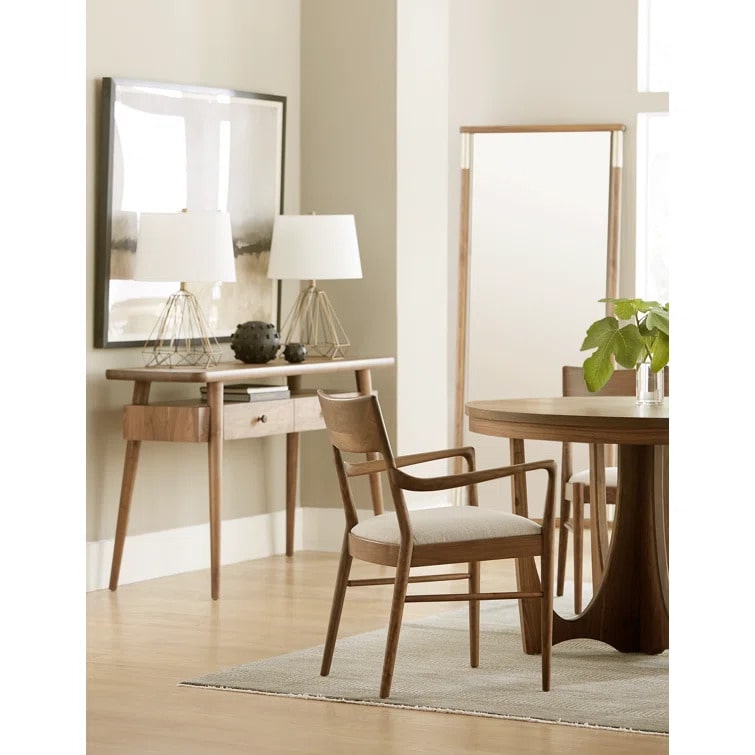 Walnut Grove Floor Mirror in dining room with table, chairs, and console