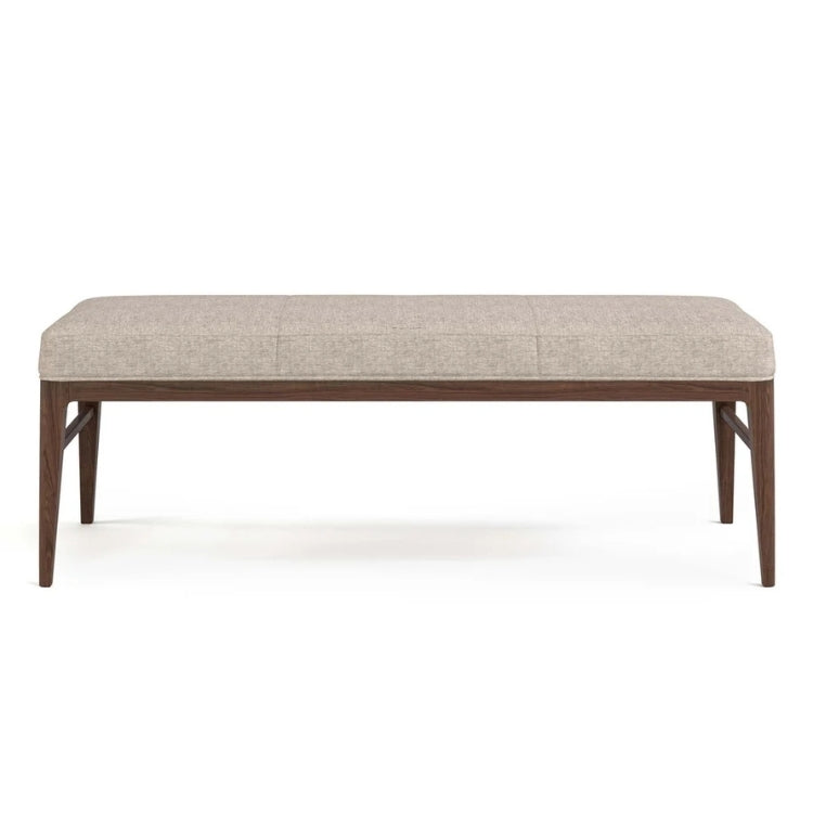 Beige upholstered bench with wooden legs 