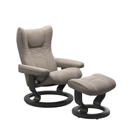 Stressless Wing Small Recliner in Paloma Dark Mushroom and Ottoman with Classic Base in grey
