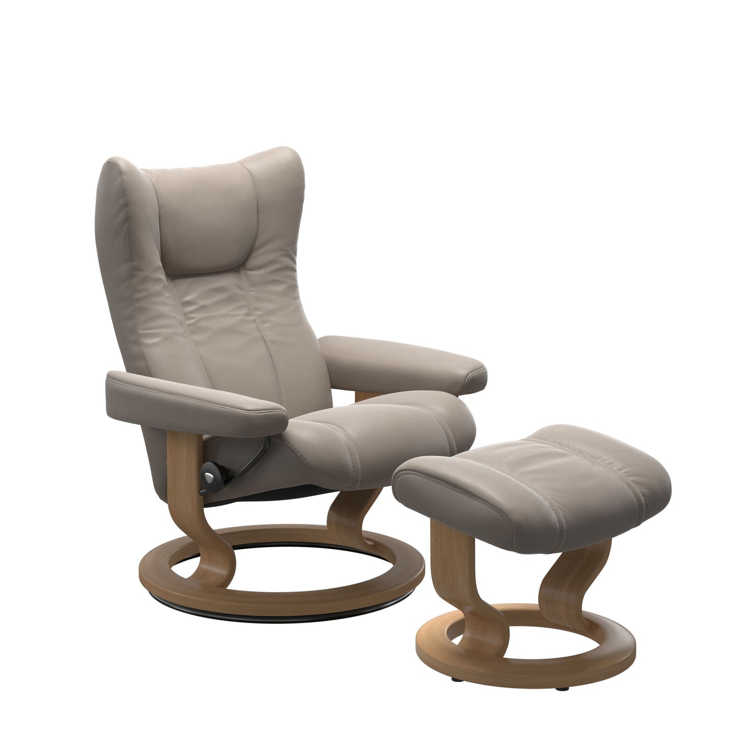 Stressless Wing Small Recliner in Paloma Dark Mushroom and Ottoman with Classic Base in oak