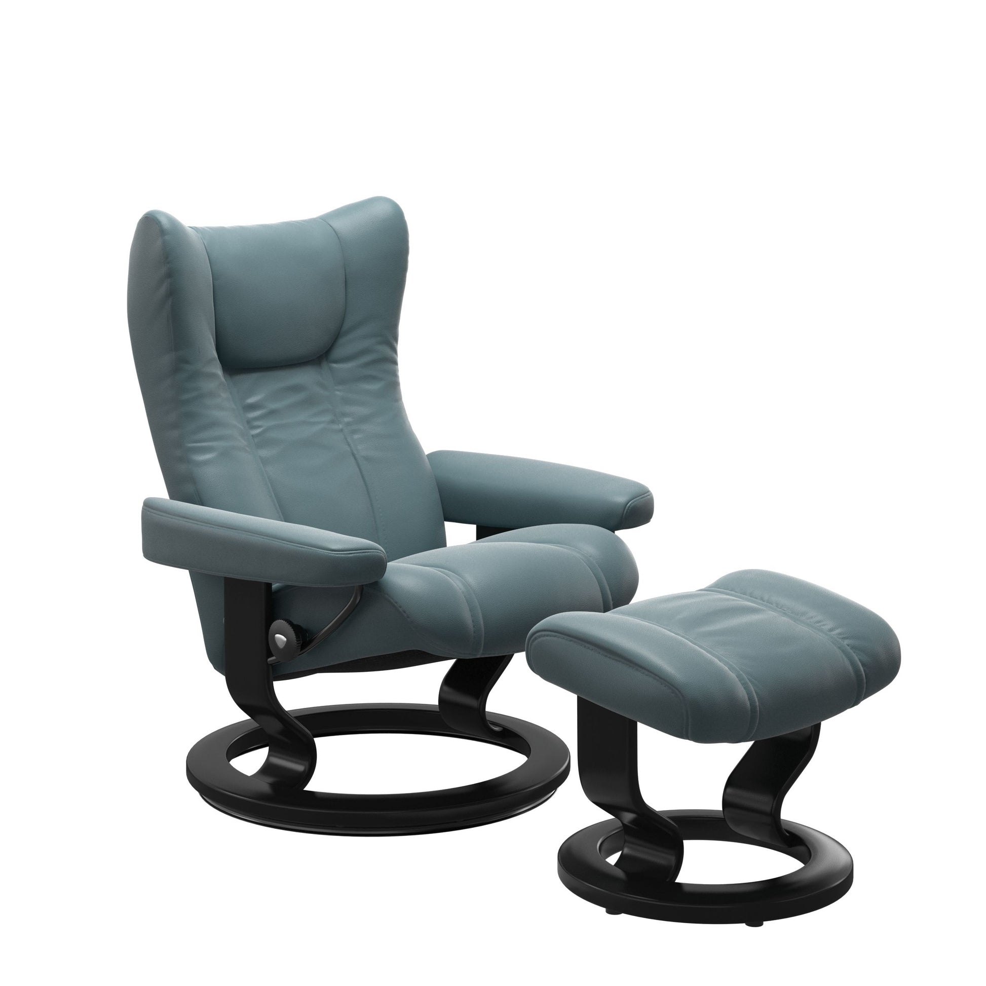 Stressless Wing Small Recliner in Paloma Teal Blue and Ottoman with Classic Base in black