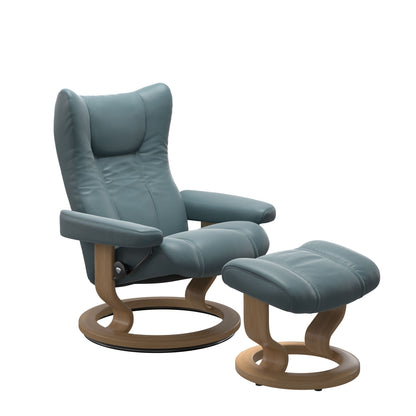 Stressless Wing Small Recliner in Paloma Teal Blue and Ottoman with Classic Base in oak