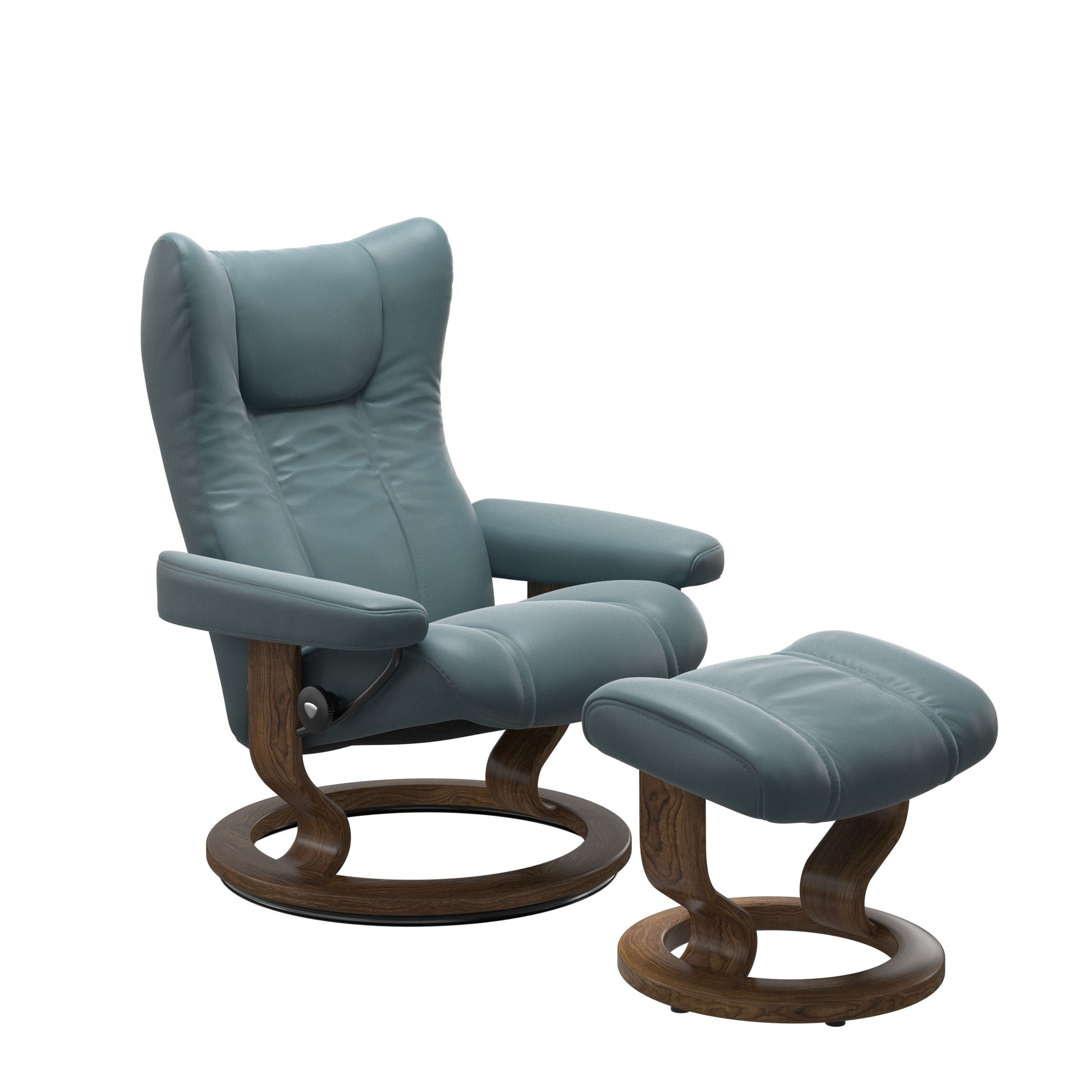 Stressless Wing Small Recliner in Paloma Teal Blue and Ottoman with Classic Base in teak