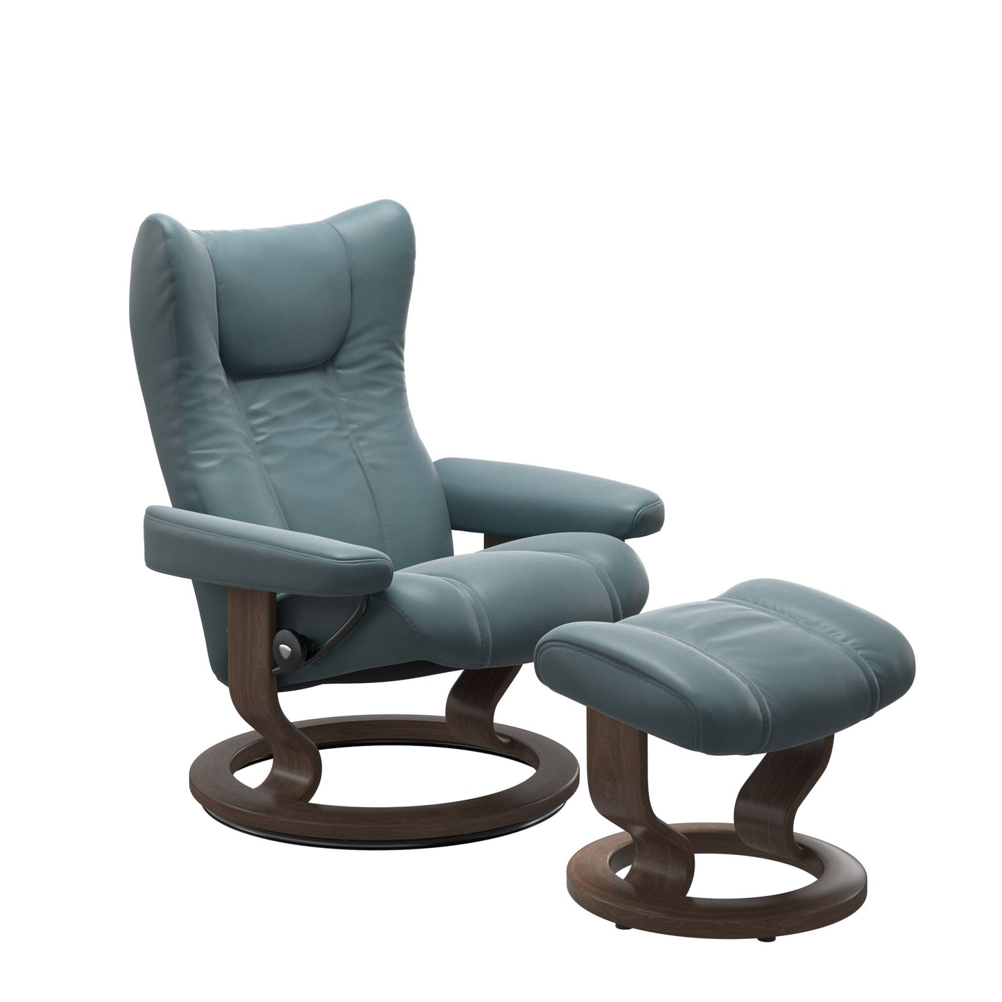 Stressless Wing Small Recliner in Paloma Teal Blue and Ottoman with Classic Base in walnut