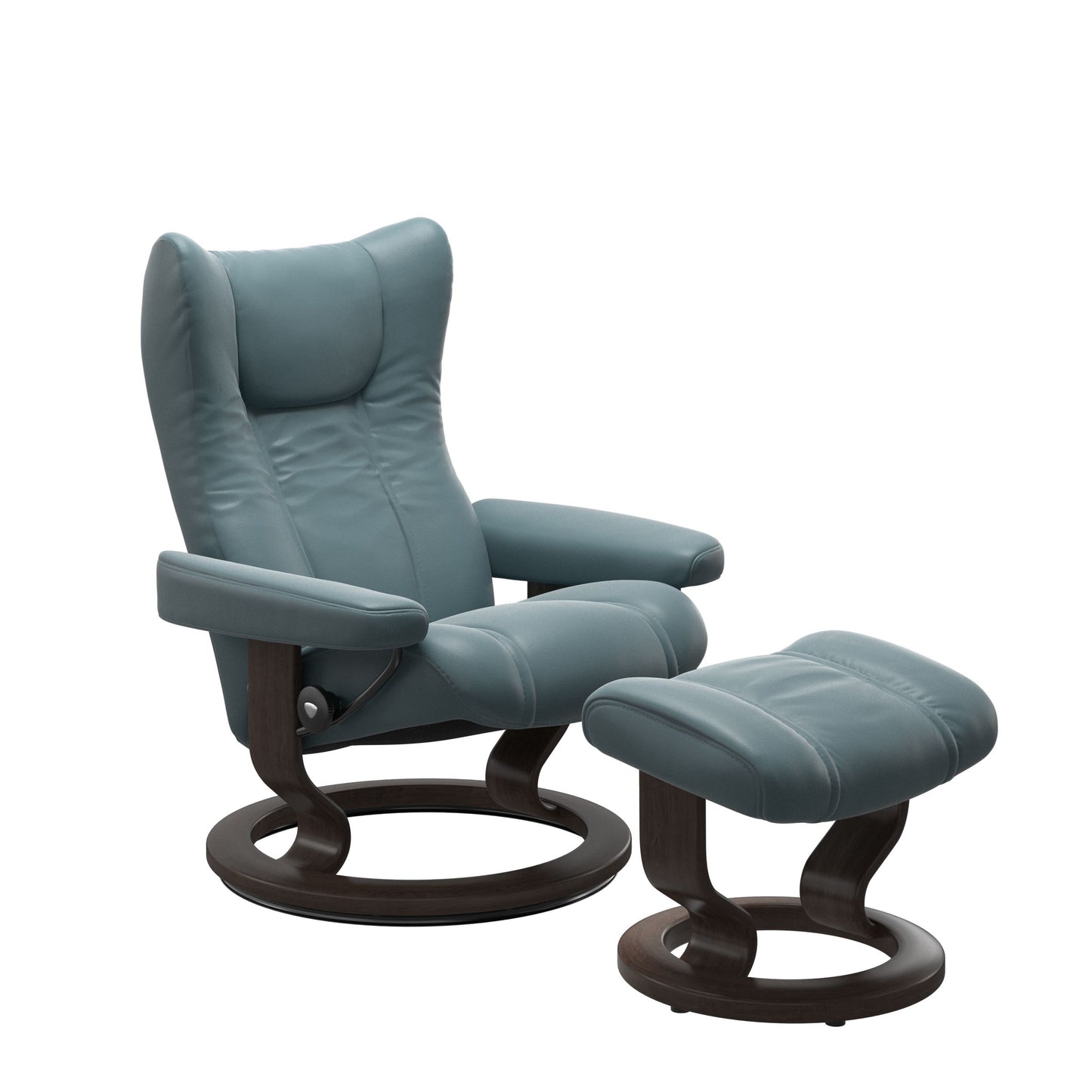 Stressless Wing Small Recliner in Paloma Teal Blue and Ottoman with Classic Base in wenge