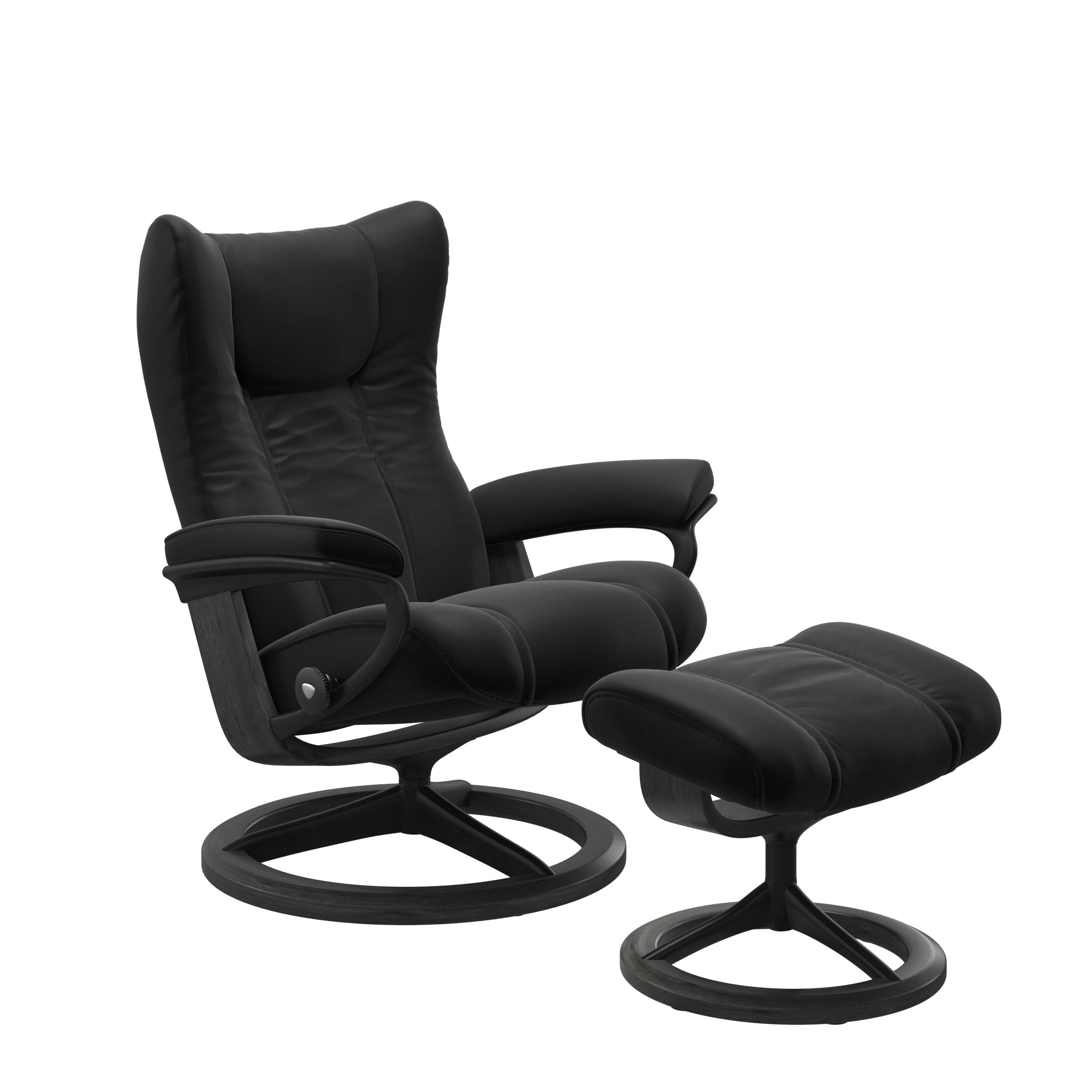 Stressless Wing Medium Recliner and Ottoman with Signature Base Matte Black