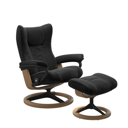 Paloma Black recliner chair with ottoman black matte metal and wooden oak round frame