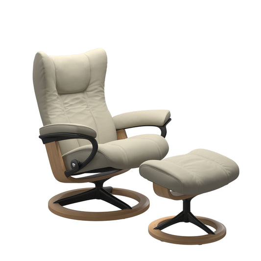 Light Grey recliner chair with ottoman with matte black metal and wooden oak round frame.