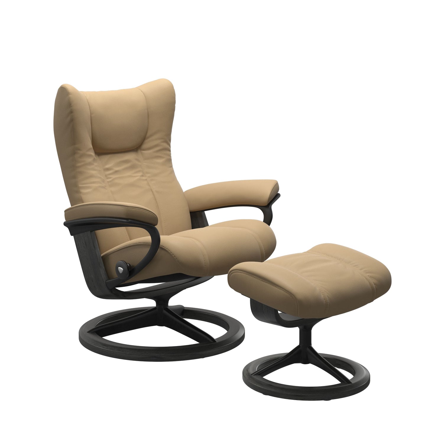 Sand colored recliner chair with ottoman black matte metal and wooden grey round frame