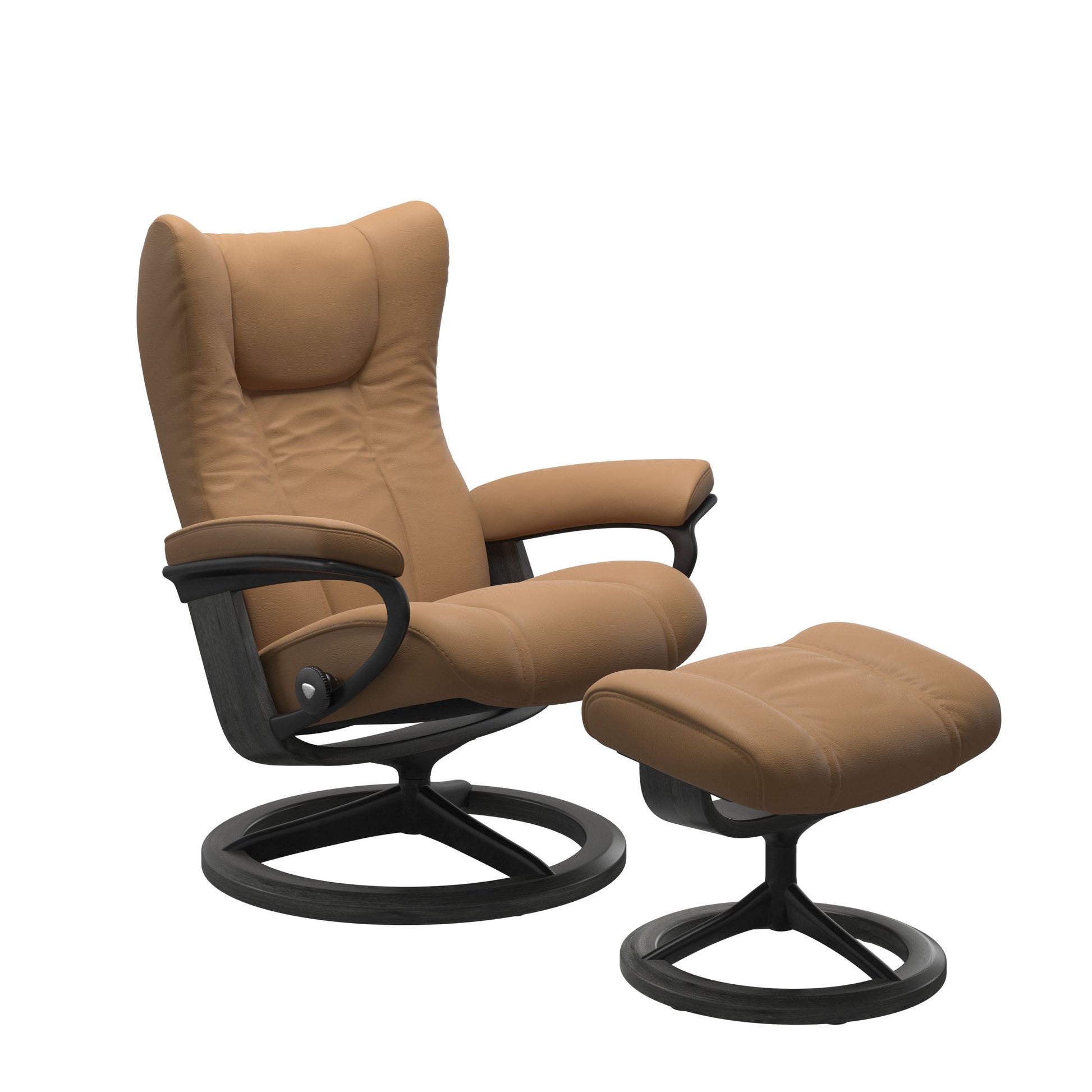Paloma Taupe recliner chair with ottoman black matte metal and wooden grey round frame