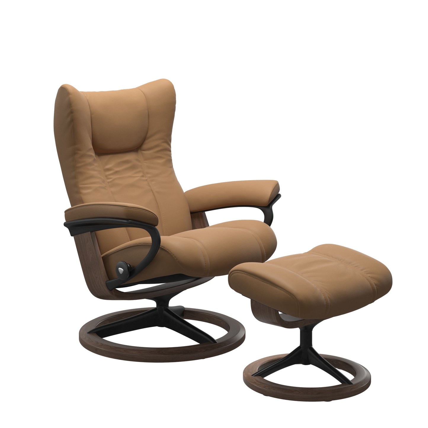 Paloma Taupe recliner chair with ottoman black matte metal and wooden walnut round frame