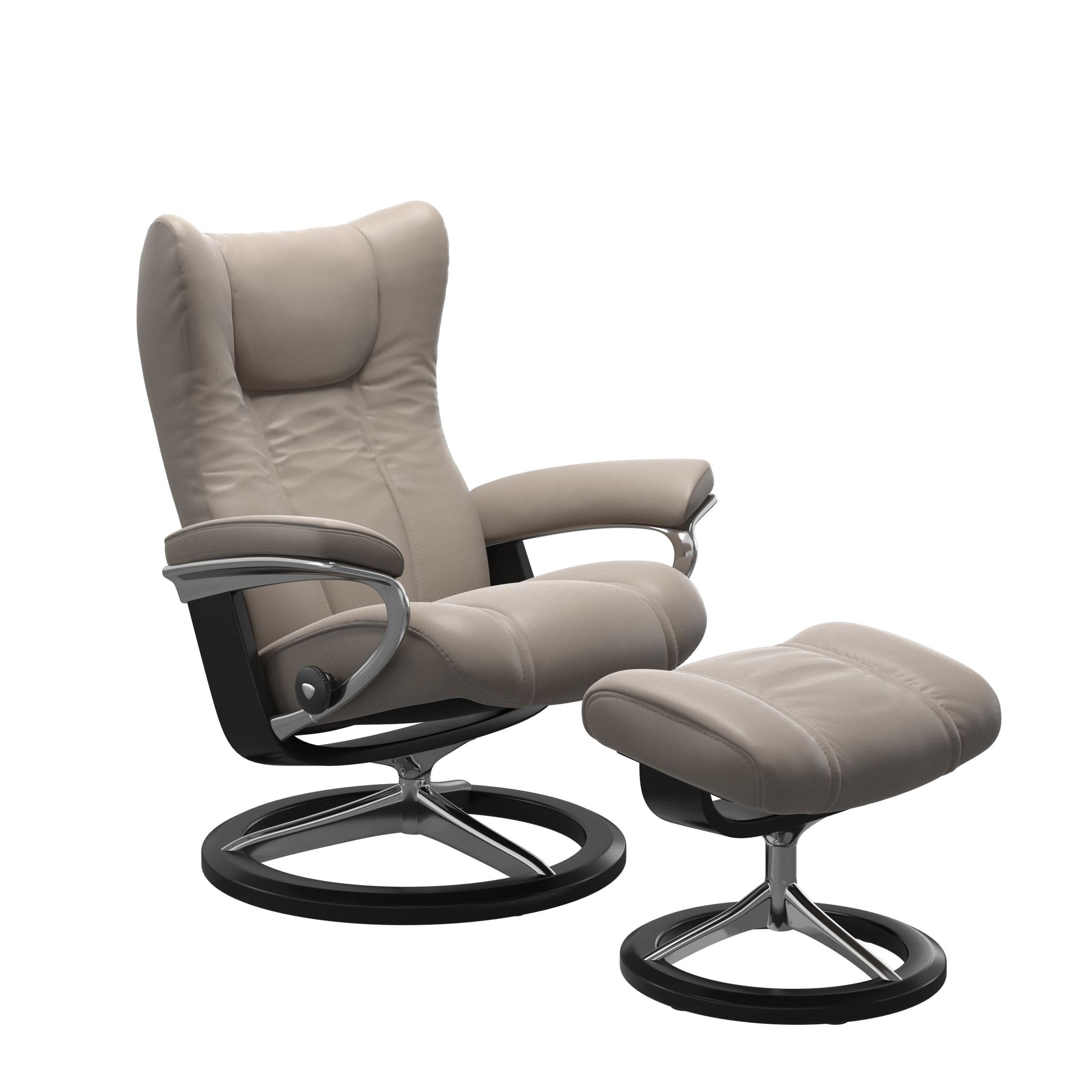 Stressless Wing Small Recliner in Paloma Dark Mushroom and Ottoman with Classic Base in black