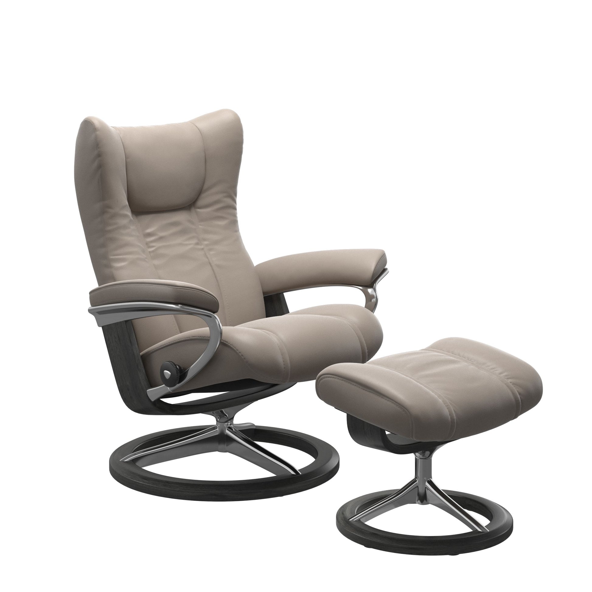 Stressless Wing Small Recliner in Paloma Dark Mushroom and Ottoman with Classic Base in grey